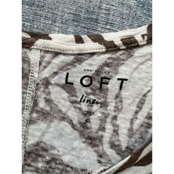 Ann Taylor Loft Brown White Abstract Zebra Pattern 100% Linen Short Sleeve Tee S - Picture 3 of 7